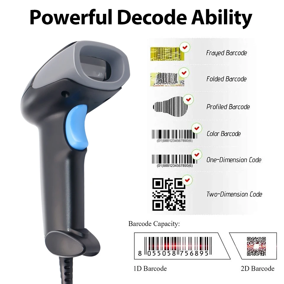 เครื่องอ่านบาร์โค้ด USB Qr แบบมีสาย 1D 2D เครื่องสแกนบาร์โค้ดแบบใช้มือถือซูเปอร์มาร์เก็ตสําหรับโซลูชัน POS