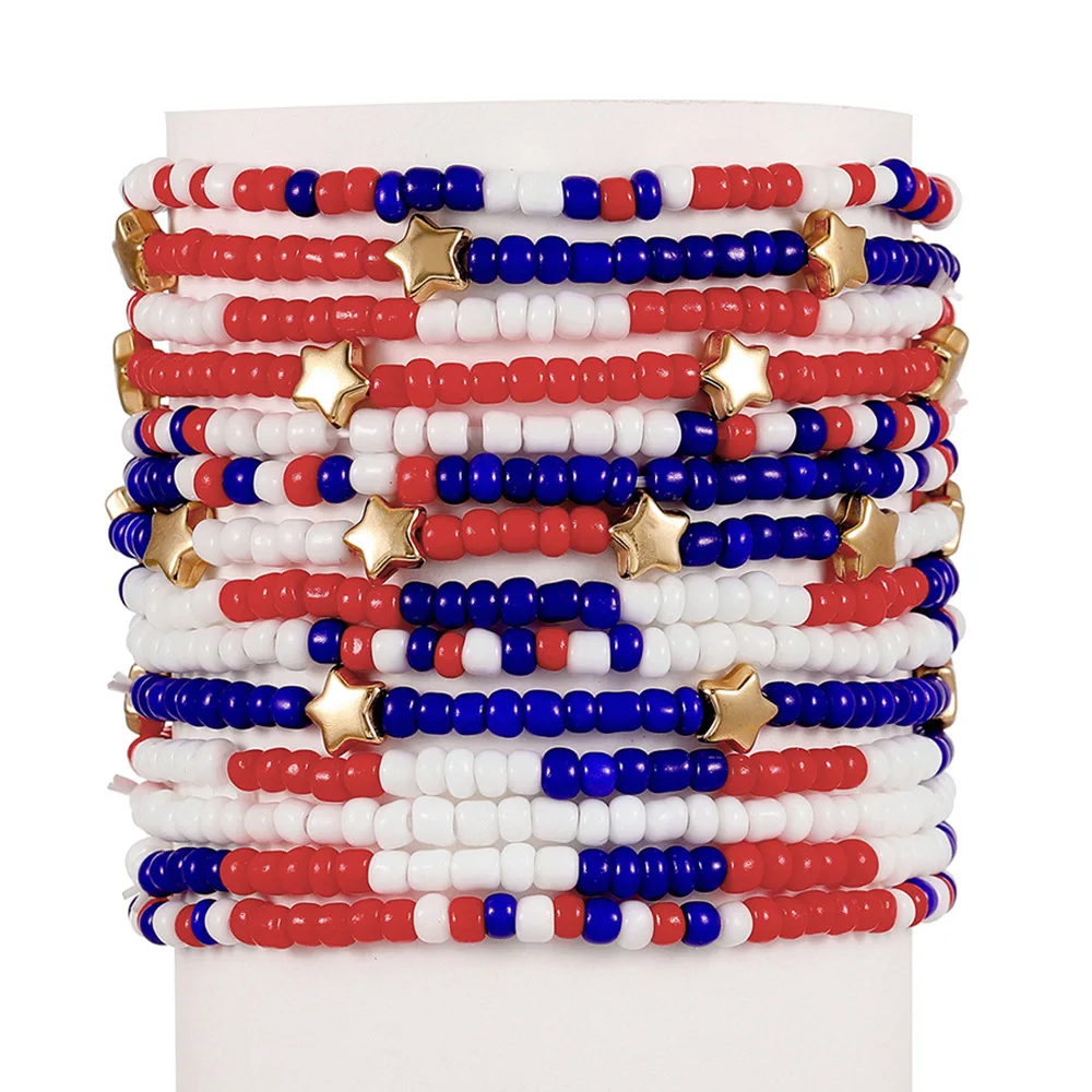 Pulseras elásticas con cuentas para mujer y niña, brazalete multicapa patriótico americano, pulsera apilable para el Día de los caídos, 4 de julio