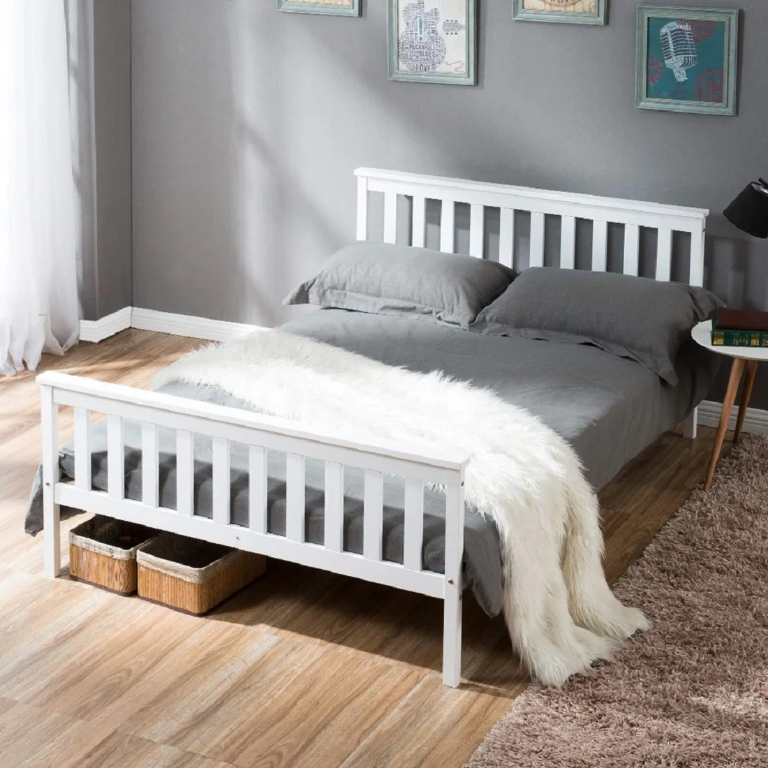 Double Bed 140 x 200 cm,White Solid Wood Bed Frame with Slatted Frame and Headboard,for Adults Children Teenagers,No mattress