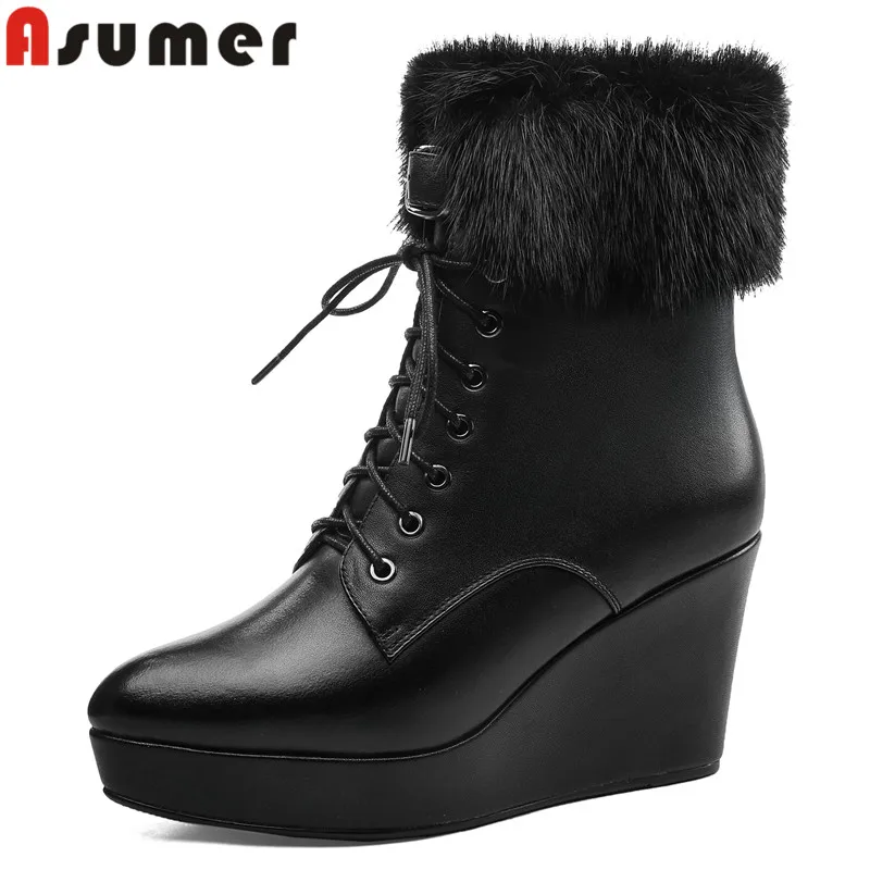 ASUMER 2024 New Genuine Leather Lace Up Ankle Boots Wedges High Heels Winter Boots Office Ladies Pointed Toe Modern Boots