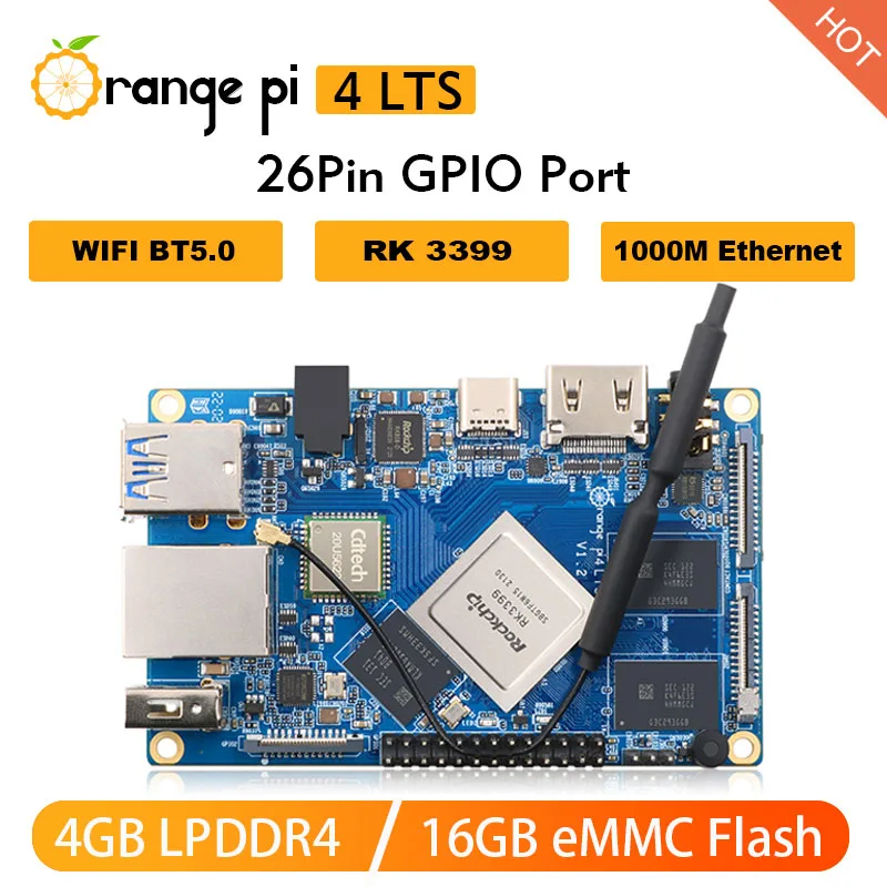 AvaCoreOrange Pi 4 LTS 4GB LPDDR4 RAM 16GB EMMC Development Board Rockchip RK3399,WiFi+BT5.0,Gigabit Ethernet,Android,Ubuntu,Deb