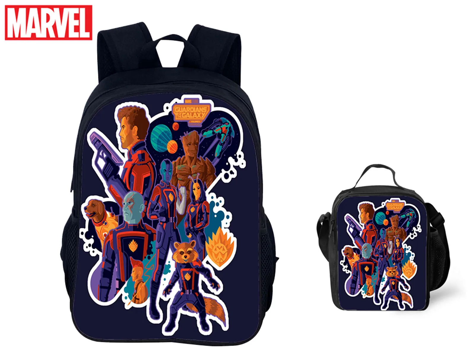 

Student Fashion Canvas Schoolbag+Insulated Thermal Bag 2Pcs Set,Guardians of the Galaxy Durable Backpack for School Travel