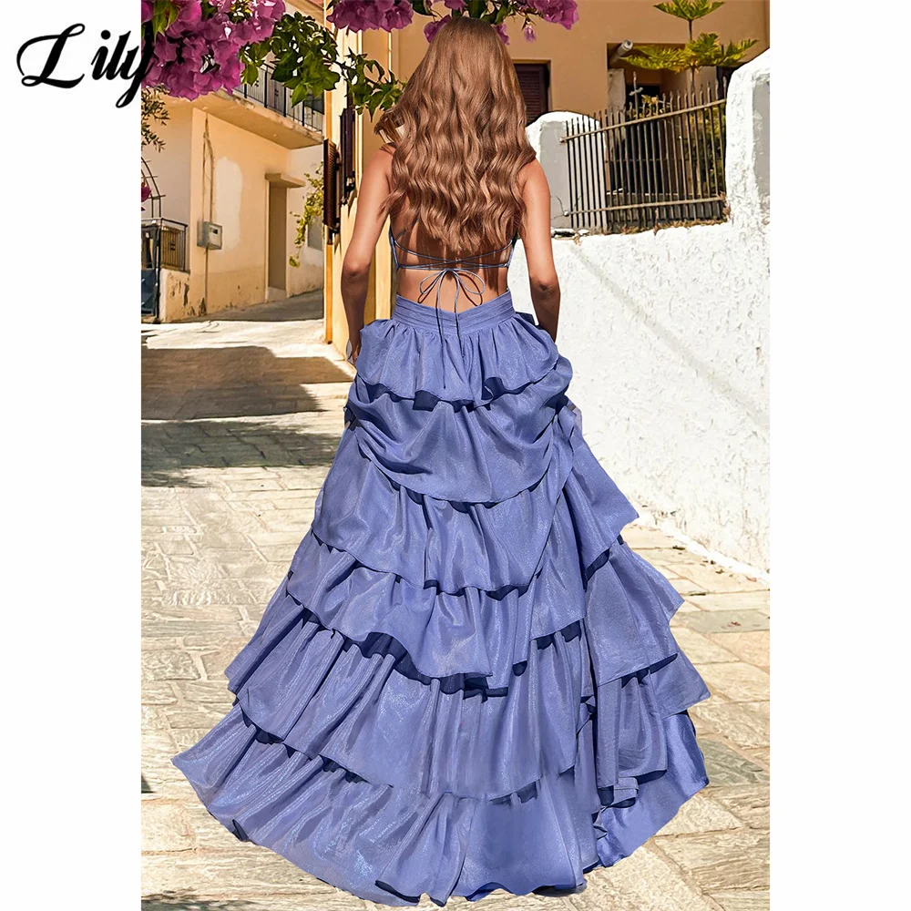 Lily Light Purple Spaghetti-Strap Formal Dress Backless Lace - up Tiered Ruffle Evening Dresses Side Slit Prom Dress Customized