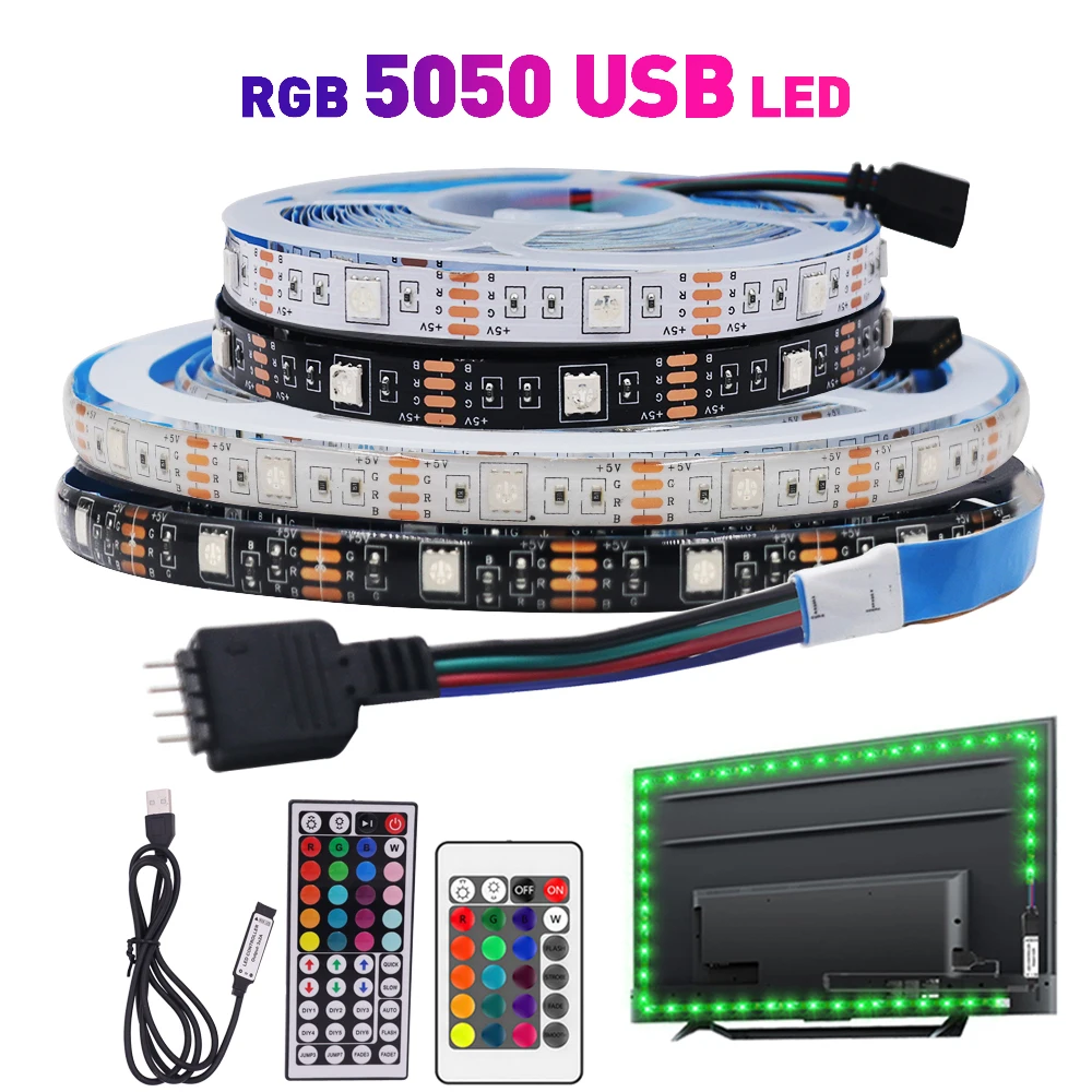 Tira de luces Led USB, cinta Flexible de diodo, lámpara de retroiluminación de TV, decoración de habitación, 5V, 30LED/m, RGB 5050, 0,5 M, 1M, 2M,