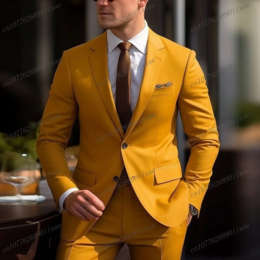 Dark Yellow Men Business Suit Groom Groomsman Tuxedos Wedding Party Formal Occasion 2 Piece Set Jacket Pants