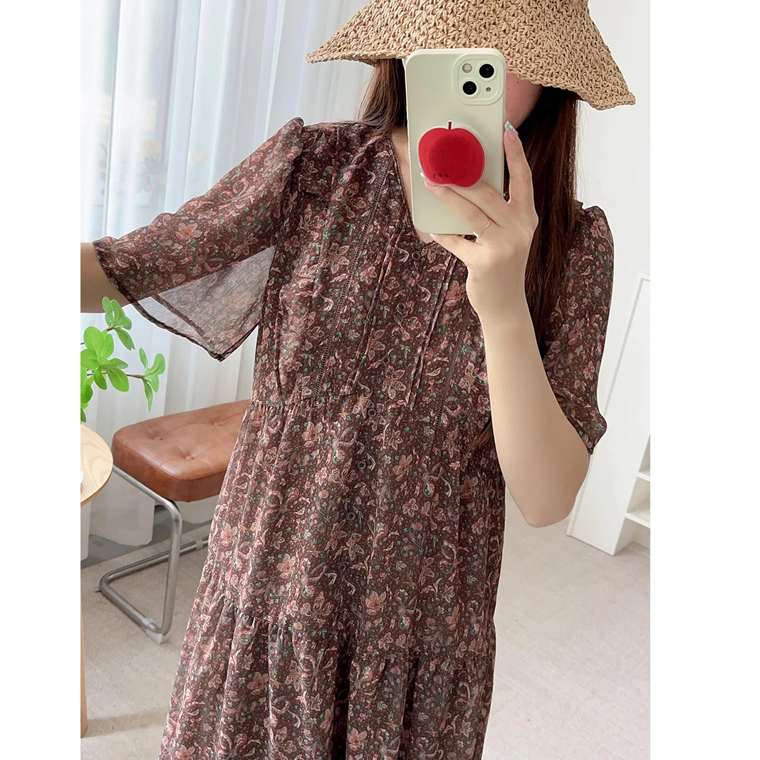 우아한 플로럴 프린트 맥시 드레스 V넥 버블 슬리브 가벼운 드리프팅 아일랜드 스타일 여름 가을 여성 드레스 여행 친화적