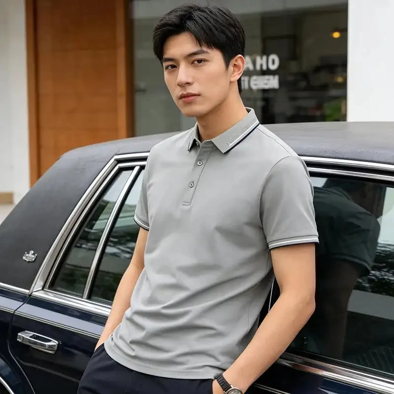Men's Casual Business Polo Shirt, Striped Collar Design, Wrinkle-Free & Quick-Drying Fabric, Suitable for Office