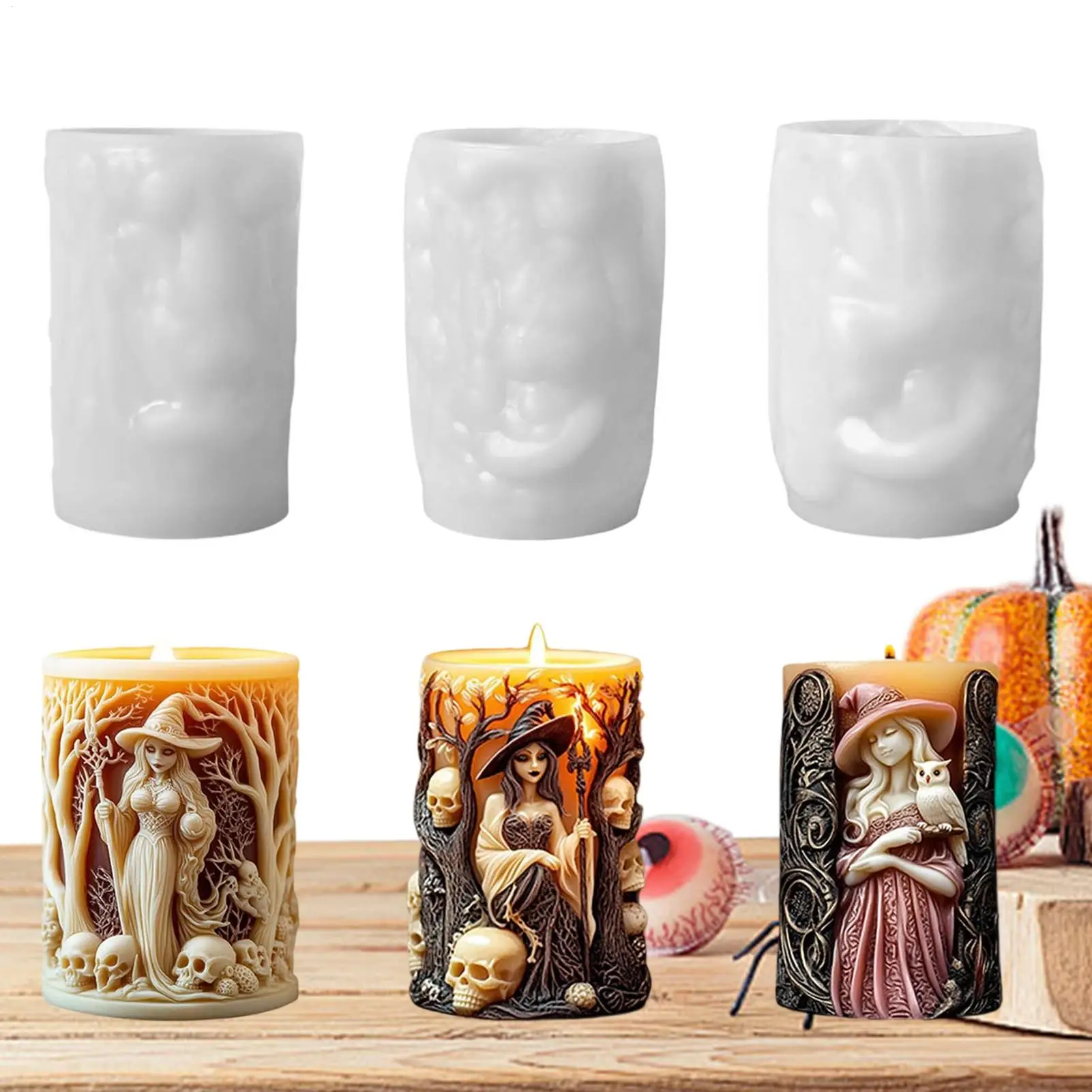 

Witch Pillar Candle Mold Column Mold Embossed Beehive Cylinder Silicone Mold Plaster Ornament Halloween Holiday Party Supplies