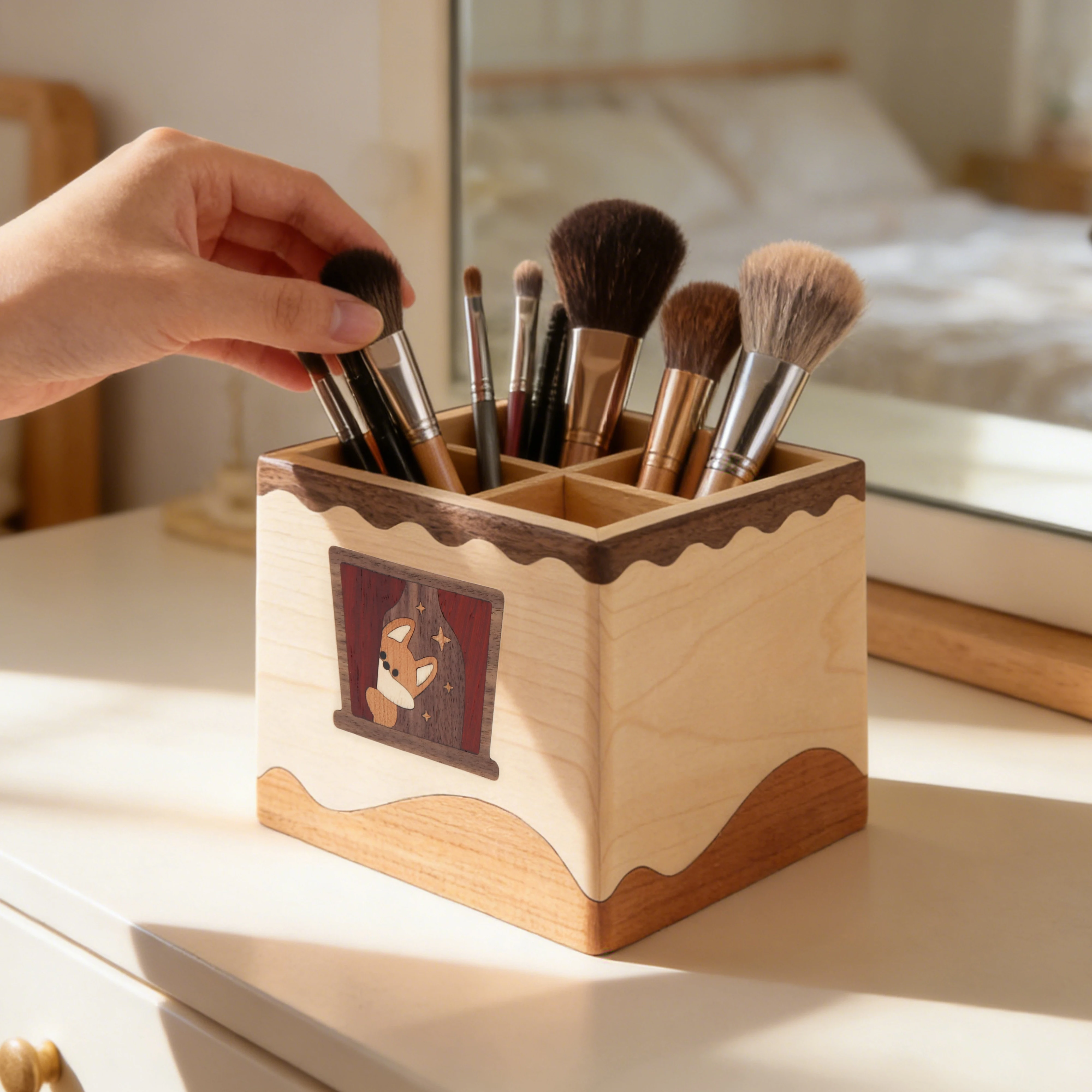Luxury Shockproof Walnut Cherry Rose Wood Pen Holder, Little Fox Design  Perfect For Living Room ,Bedroom Home Decor.