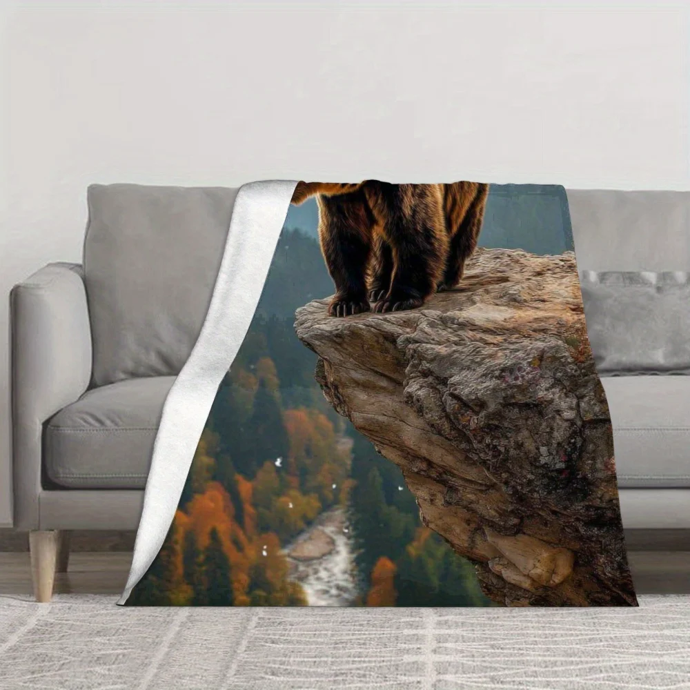 Grizzly Bear Mountain Blanket Wild Animal Art Brown Bear On Cliff Autumn Forest View Soft Fleece Throw Cozy Home Decor Gift Idea