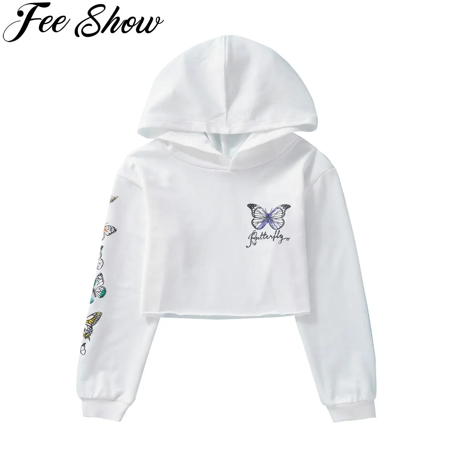 

Kids Sweatshirts Long Sleeve Butterfly Print Cropped Hoodies for Girls Dance Clothes Hip Hop Clothing Costume Dancing Clothes