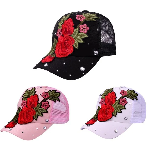 

NEw fashion Adjustable Hat Flower Rose Rhinestone Denim Baseball Mesh Cap