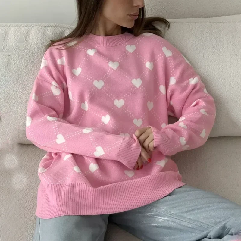 Talenza Knitted Heart Print Sweater Women's O Neck Loose Long Sleeve Knitted Pullover Fall Streetwear Casual Sweater Pullover