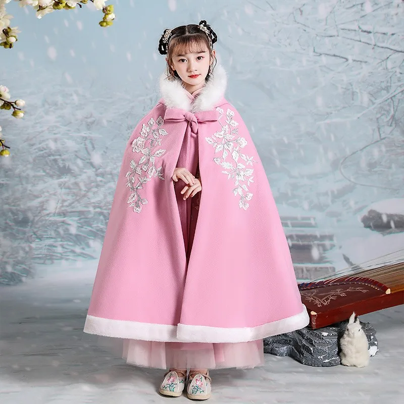 2023 New Embroider Hanfu Cloak Kids Vintage Chinese Perform Fairy Dress Gown Girls Prom Formal Birthday Christmas Gift Cosplay