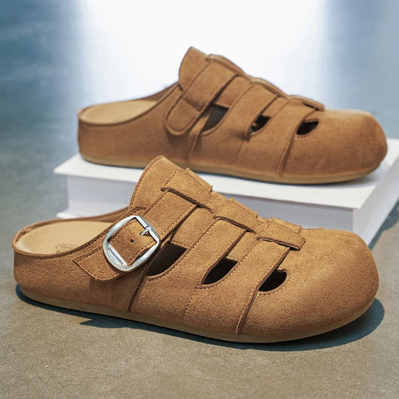 

Men's Summer New Breathable Hollow out Sandals Slip-On Casual Slipper Flat Heel Rubber Outsole Velvet Upper Fashionable Outdo...