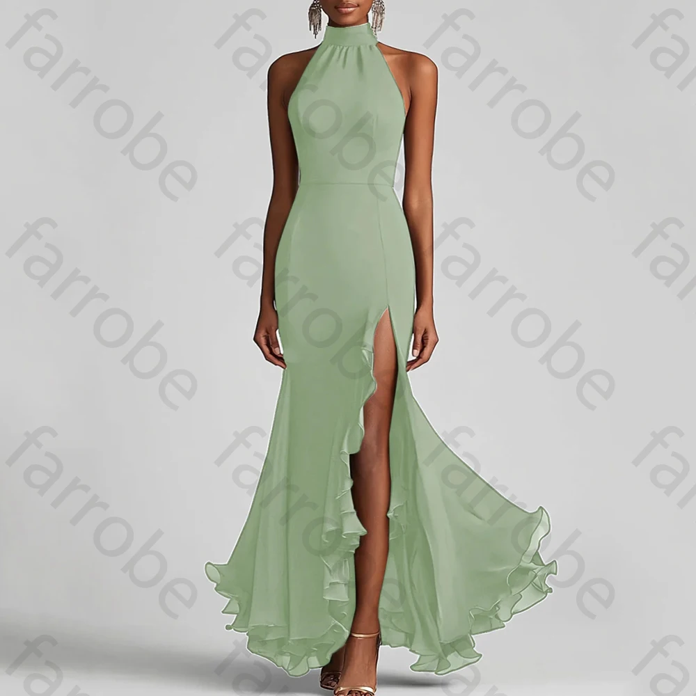 

Elegant Halter Sheath Ruffled Prom Dresses Exquisite Sleeveless Off-the-Shoulder Dress High Quality Prom Party Gowns Customized