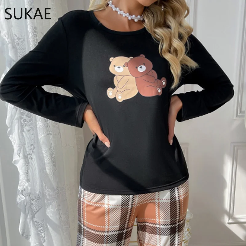 Conjunto pijama de urso fofo para mulheres pijamas macios, pijama de seda leite para menina, pijamas de mangas compridas, loungewear de lazer,