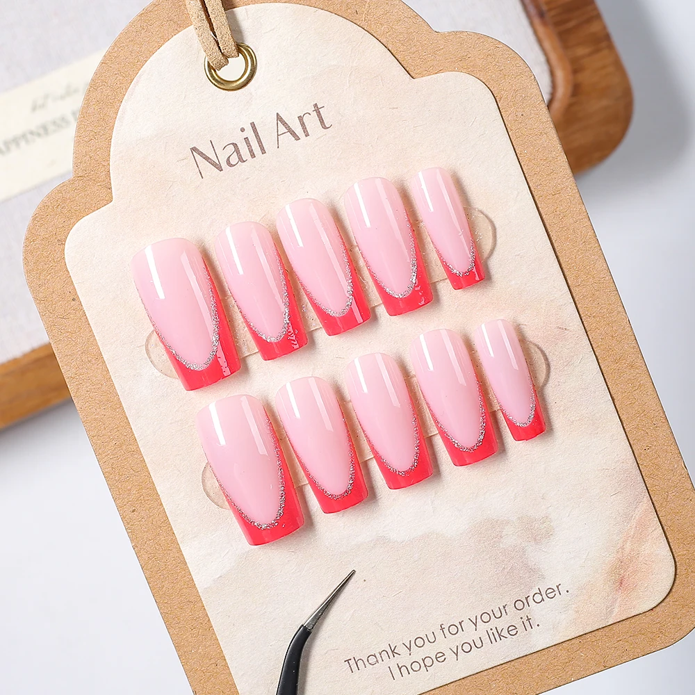 24 pezzi rosso francese lungo quadrato glitter unghie finte per le donne indossabili stampa sulle unghie acrilico copertura completa punte per unghie finte estensione