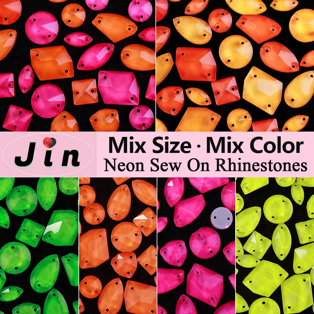 JIN 20/50/100PCS Mix Size Glass Neon Sew On Rhinestones Orange Strass Crystal Flatback Sewing Stones for Clothes Costumes Dress