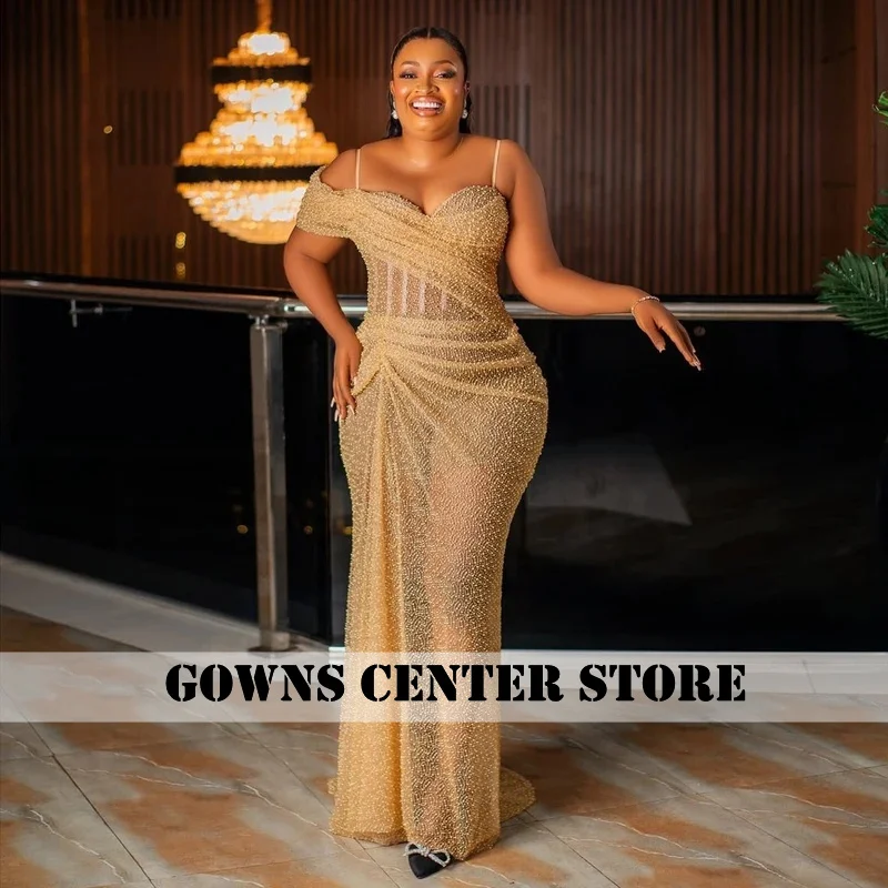 

Gold Beaded Lace Aso Ebi Style Evening Dresses Plus Size African One Shoulder Pleated Lace Birthday Dress Black Party Gown