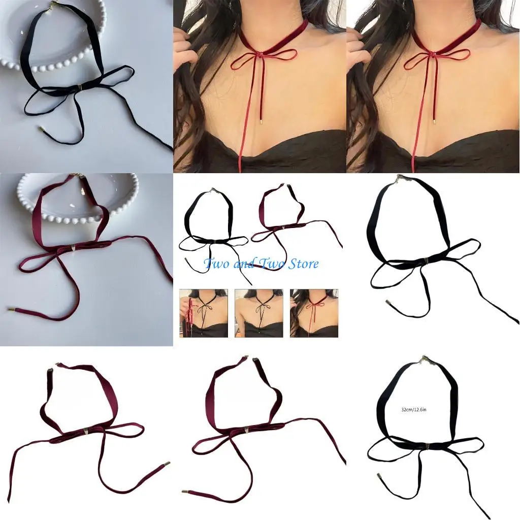 

HX6F Unique Bowknot Pendant Choker Necklace Black/Wine Clavicular Chain Accessory