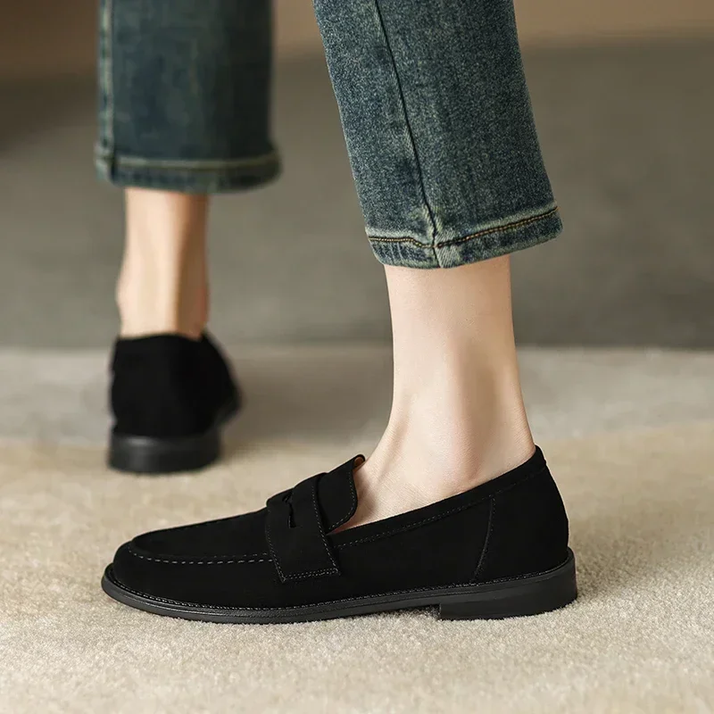 JOZHAMTA Size 34-43 Women Casual Flats Loafers Suede Cow Leather Chunky Low Heels Shoes Spring 2025 Retro Slip On Daily Office