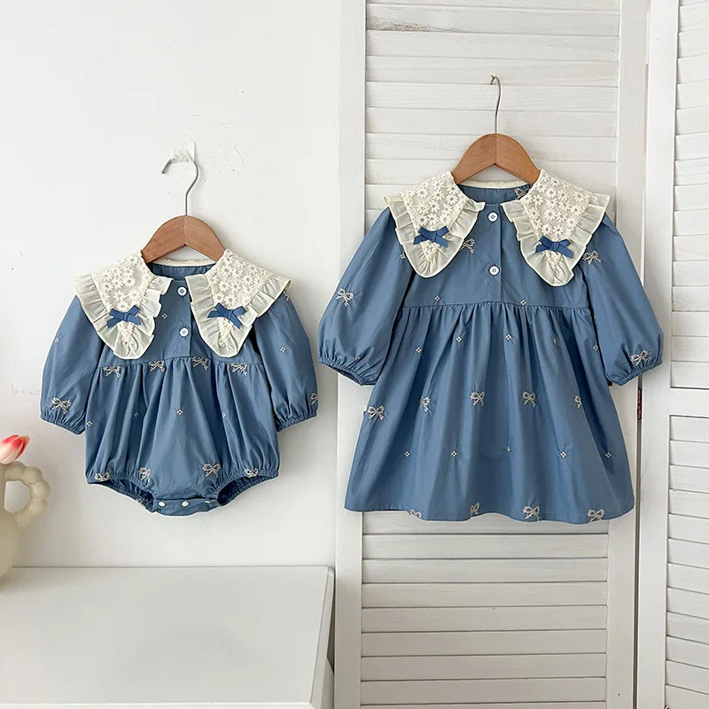 

Baby Girl Dress Bow Embroidered Infant Jumpsuit Spring and Autumn Long Sleeve Romper Children's Sister Outfit