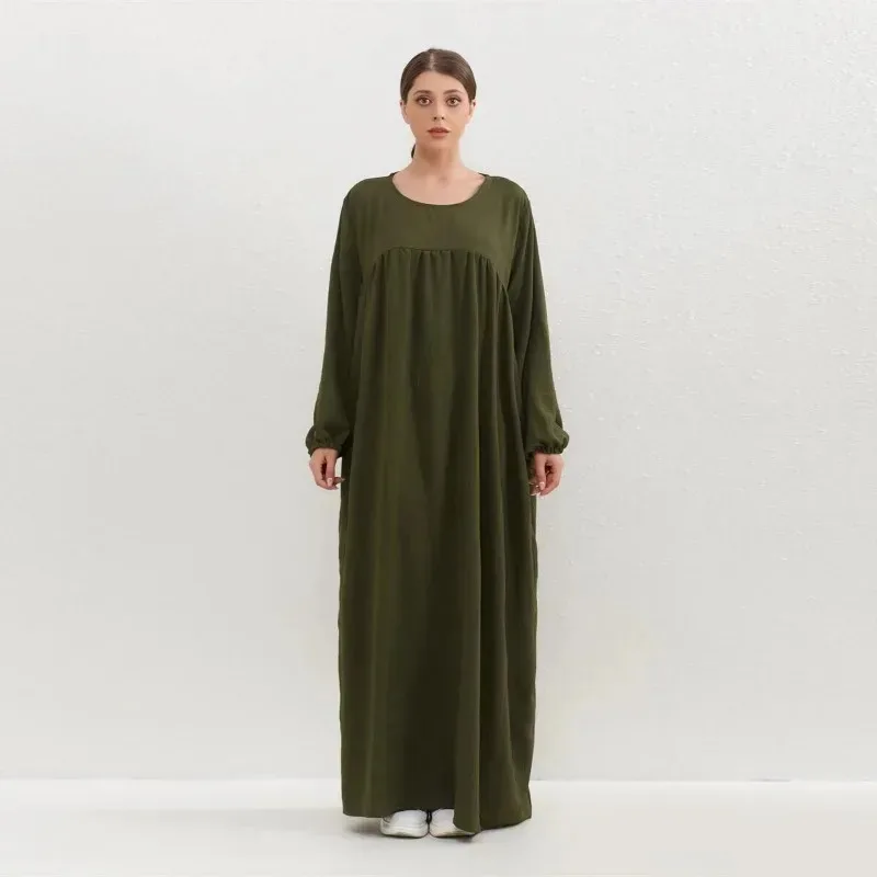 Bonny Women Pocket Maxi Dress: Loose Full Sleeve O-Neck Solid Robe Muslim Long Dress Spring Autumn