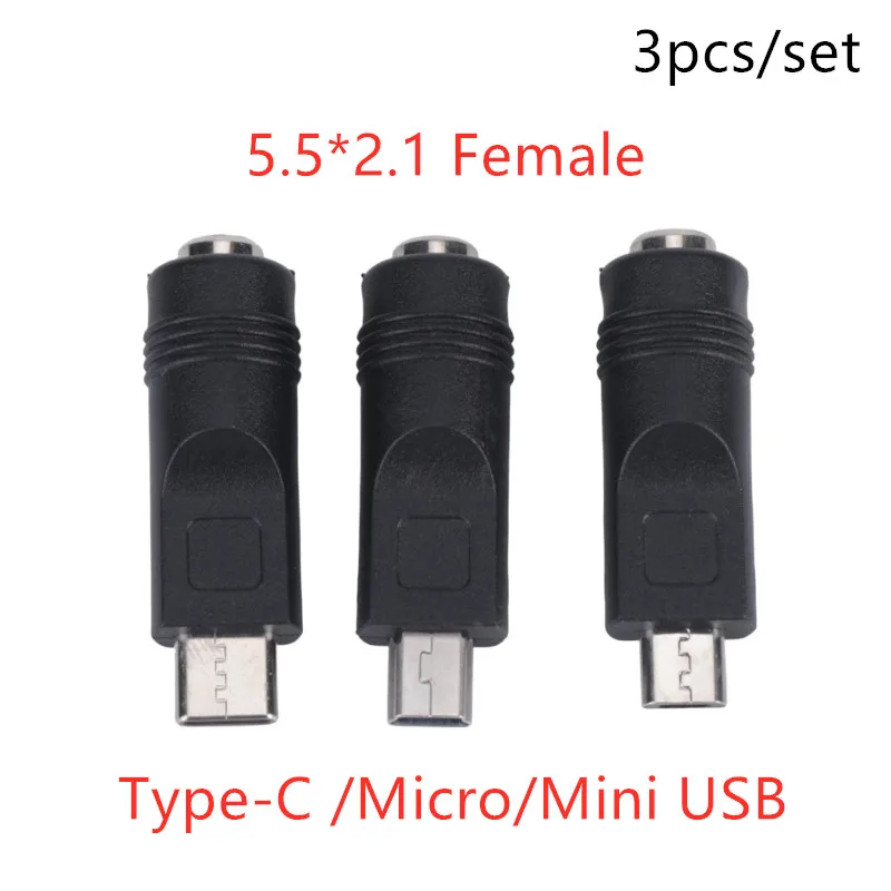 3pcs/set 5.5x2.1mm to Type-C /Micro/Mini USB Charging Adapter Converter 5.5*2.1 Female 5521 Power Power Conector