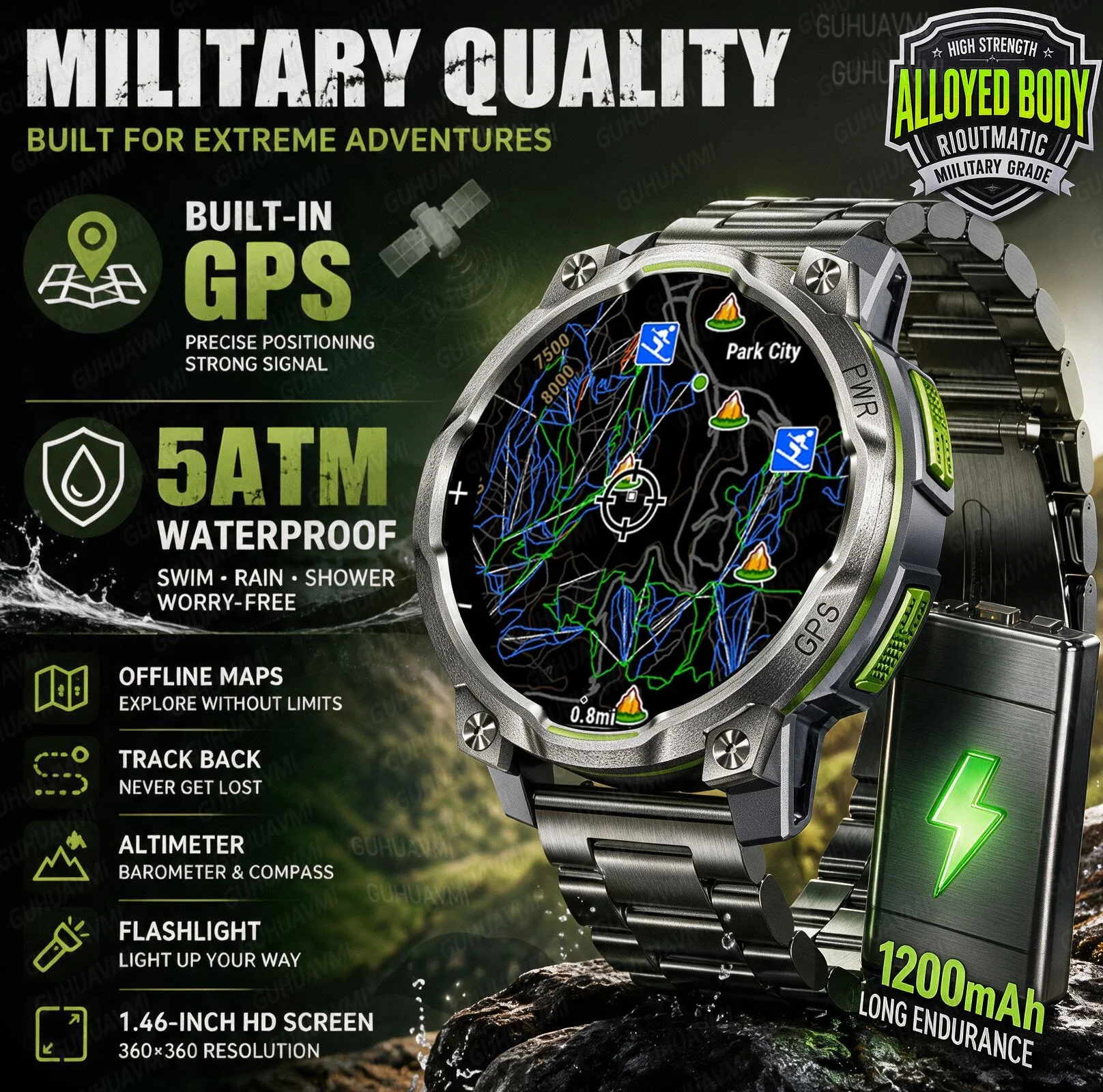 2026 Outdoor GPS Smart Watch Men Offline Map 1200mAh Battery Compass Altimeter 5ATM Waterproof Bluetooth Call Sports Smartwatch