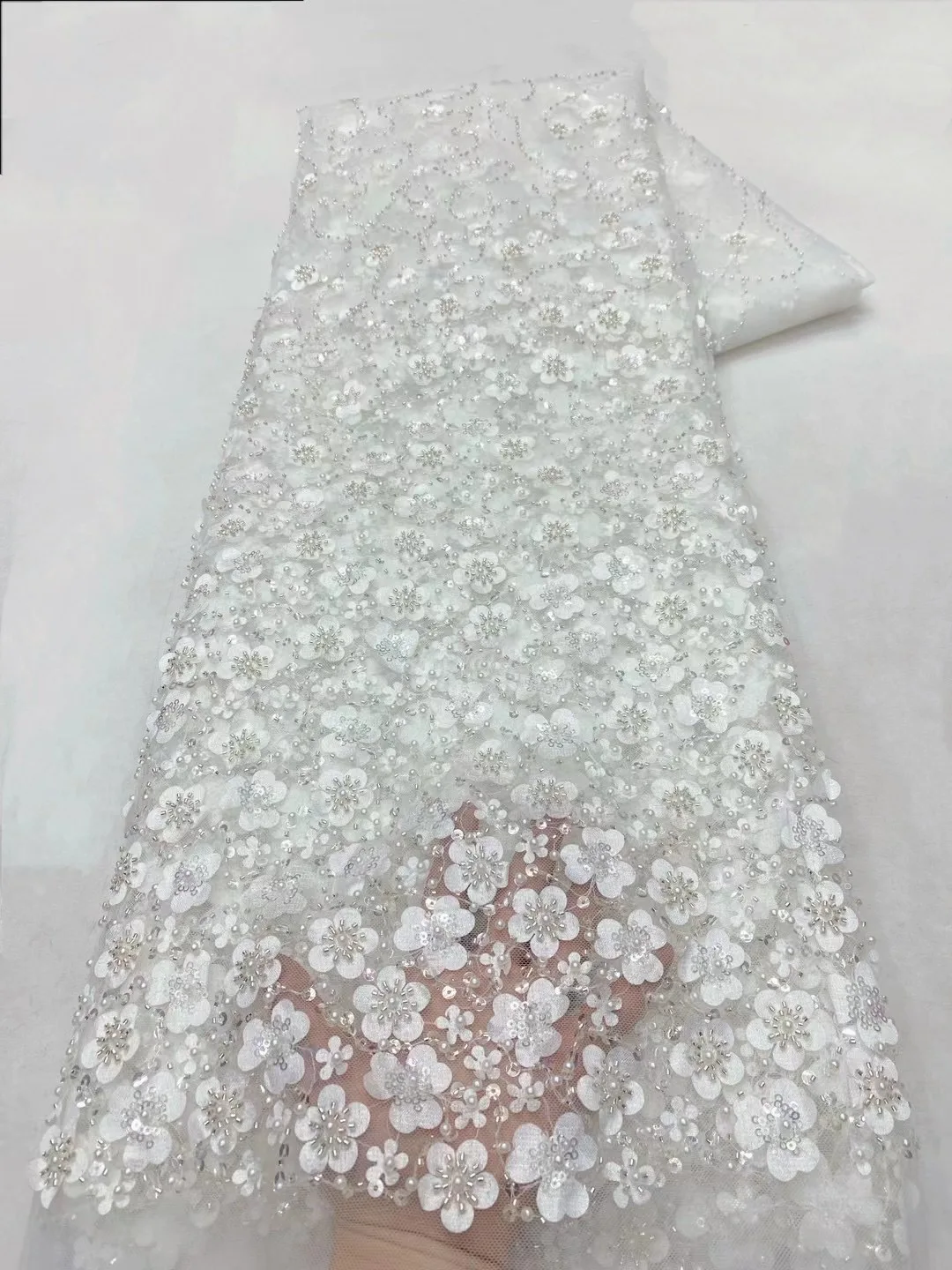 Luxury African Heavy Bead White Lace Fabric High Quality 5 Yards Nigerian Pearl Embroidered Mesh Material With Sequins