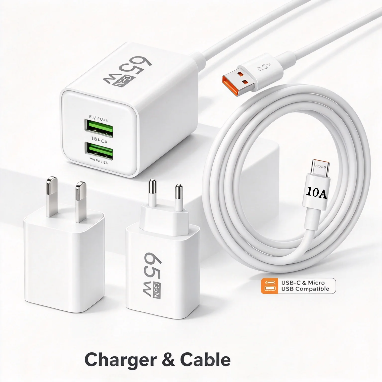 65W GaN Multi Port Charger EU Plug Dual USB C + USB A Port Fast Wall Charger High Speed Charging for Home Office Trip Use