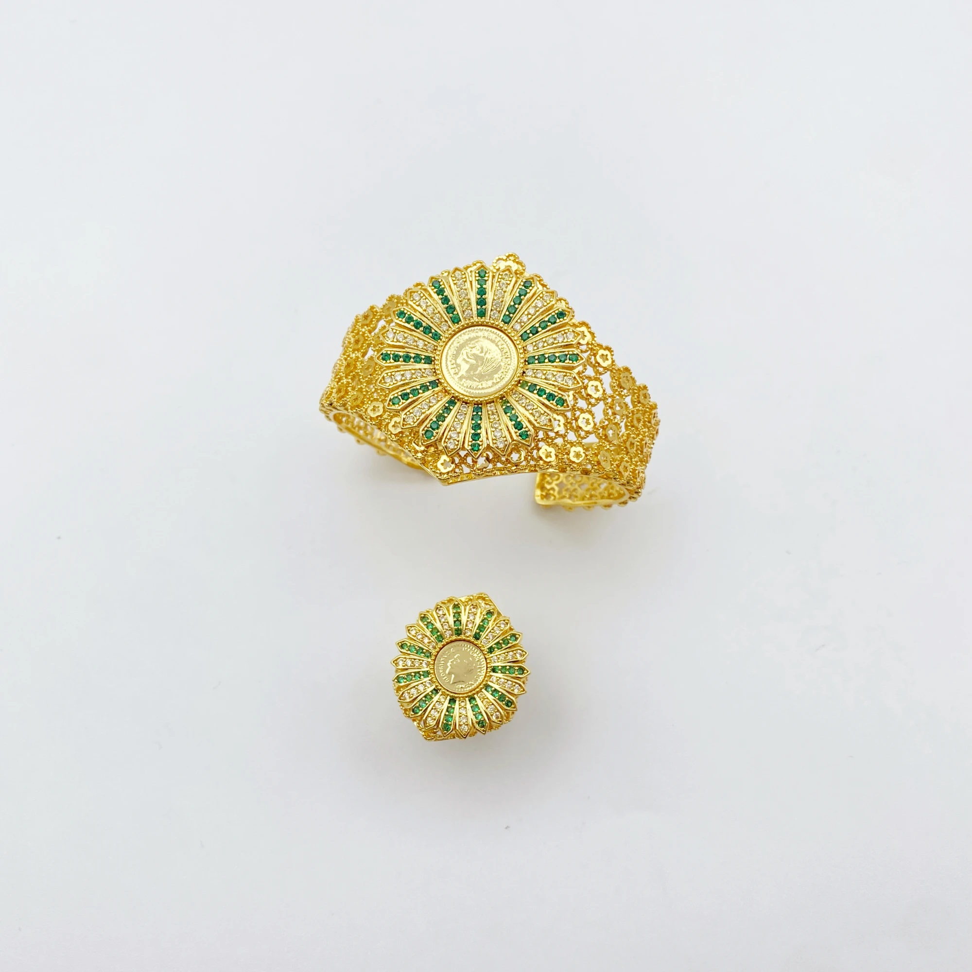 

Flora Flower Shape Jewelry Set for Women Gold Plated Brass Zircon Open Bangle Ring Exquisite Daily Accessory Sparkle