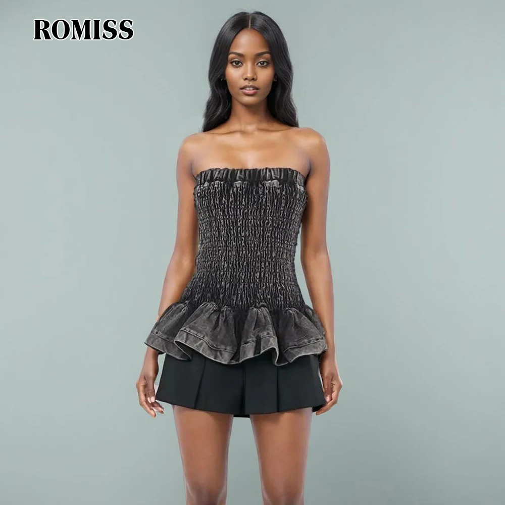 

ROMISS Spliced Ruffled Denim Vest For Women Strapless Sleeveless Patchwork Zipper Folds Slimming Solid Tops Female Summer New