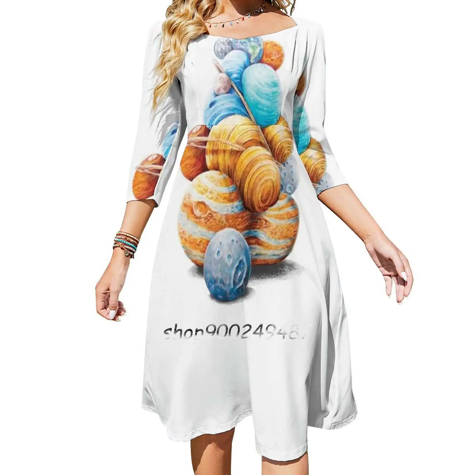 

Planetary Pile-Up Sweetheart Knot Flared Dress Fashion Design Large Size Loose Dress Planet Moon Space Universe Surreal Nerd