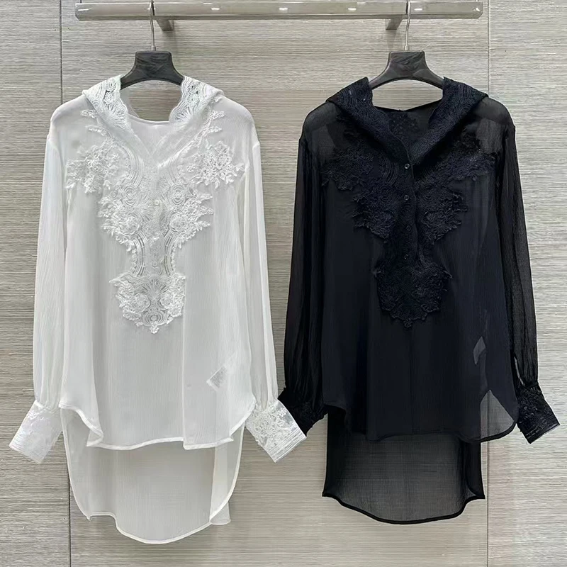 Women's lace splicing silk blouse, water-soluble flower embroidery blouse, sunscreen hooded shirt, 100% Mulberry Silk, 2025, New