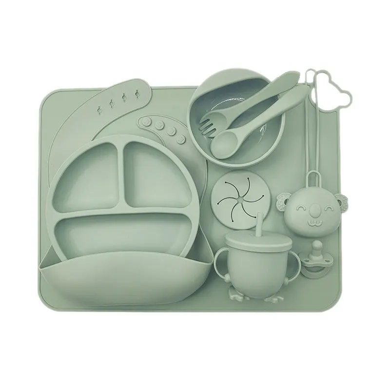 Ensemble d'alimentation pour bébé avec logo personnalisé, bol, assiette en silicone, polymères, paille, tasse à collation, cuillère, fourchette, britware pour garçons et filles, 10 pièces