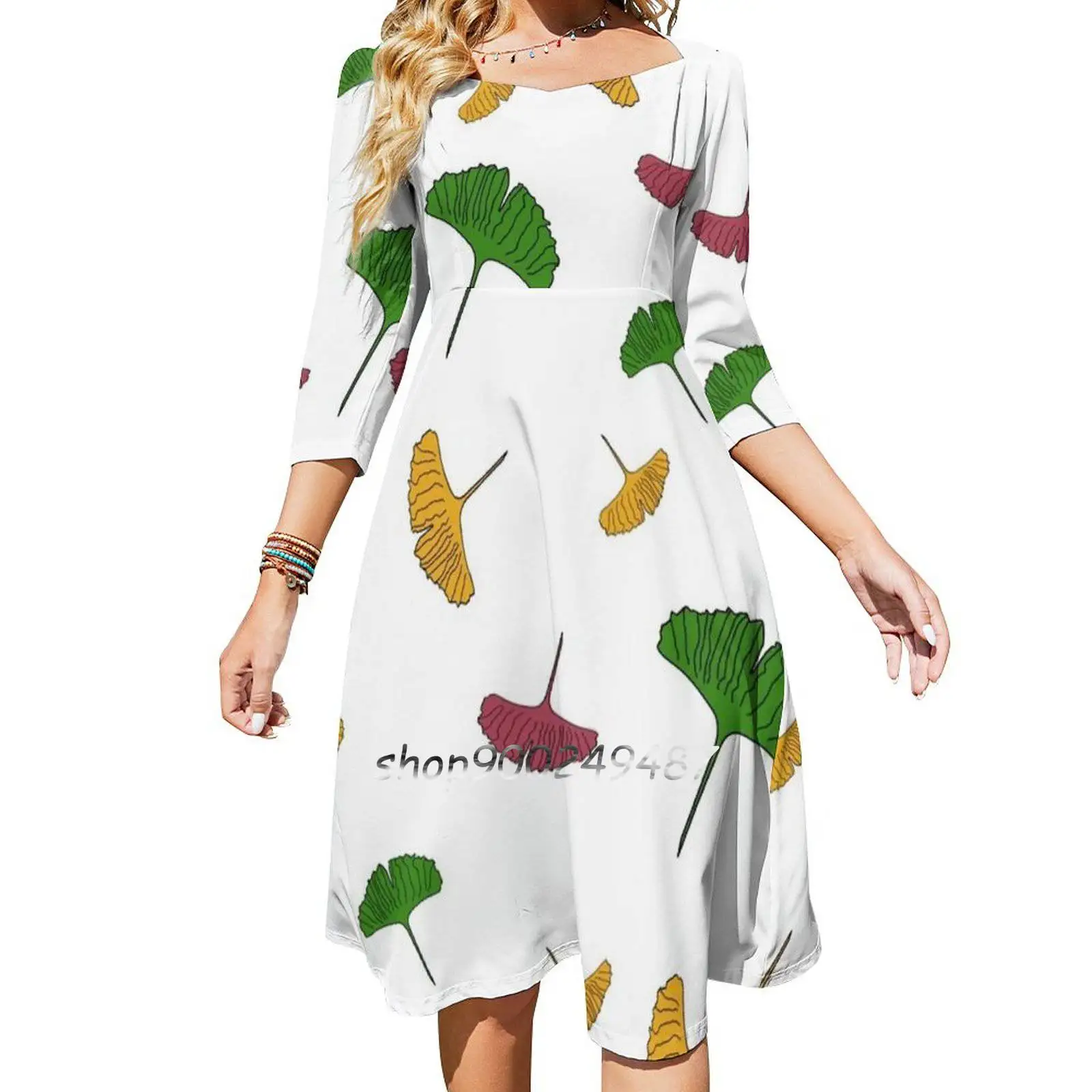 Ginkgo Pattern , Ginkgo Biloba , Australian Leaf , Leaves , Sweet Elegant Dress Women Korean Kawaii Square Collar Dress Ginkgo