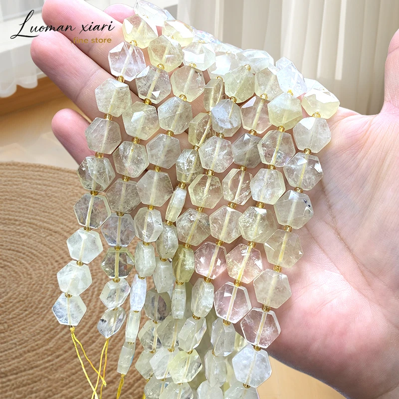 Natural Stone 12mm Hexagon Faceted Lemon Crystal Loose Spacer Beads for Jewelry Making Diy Bracelet Charms Accessories 7.5''