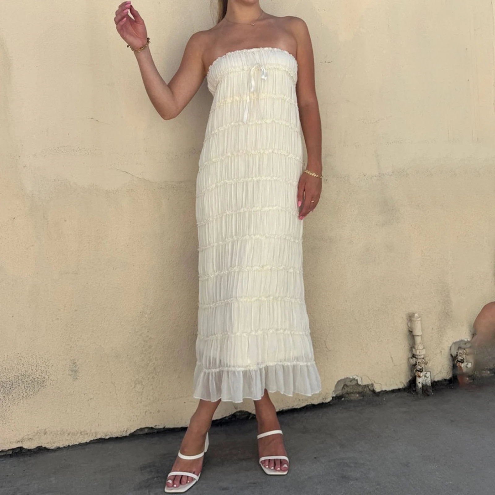 New Fashion Women Shirred Tube Top Dress Solid Floral Off Shoulder Sleeveless Backless Long Dress For Daily Party S-XL