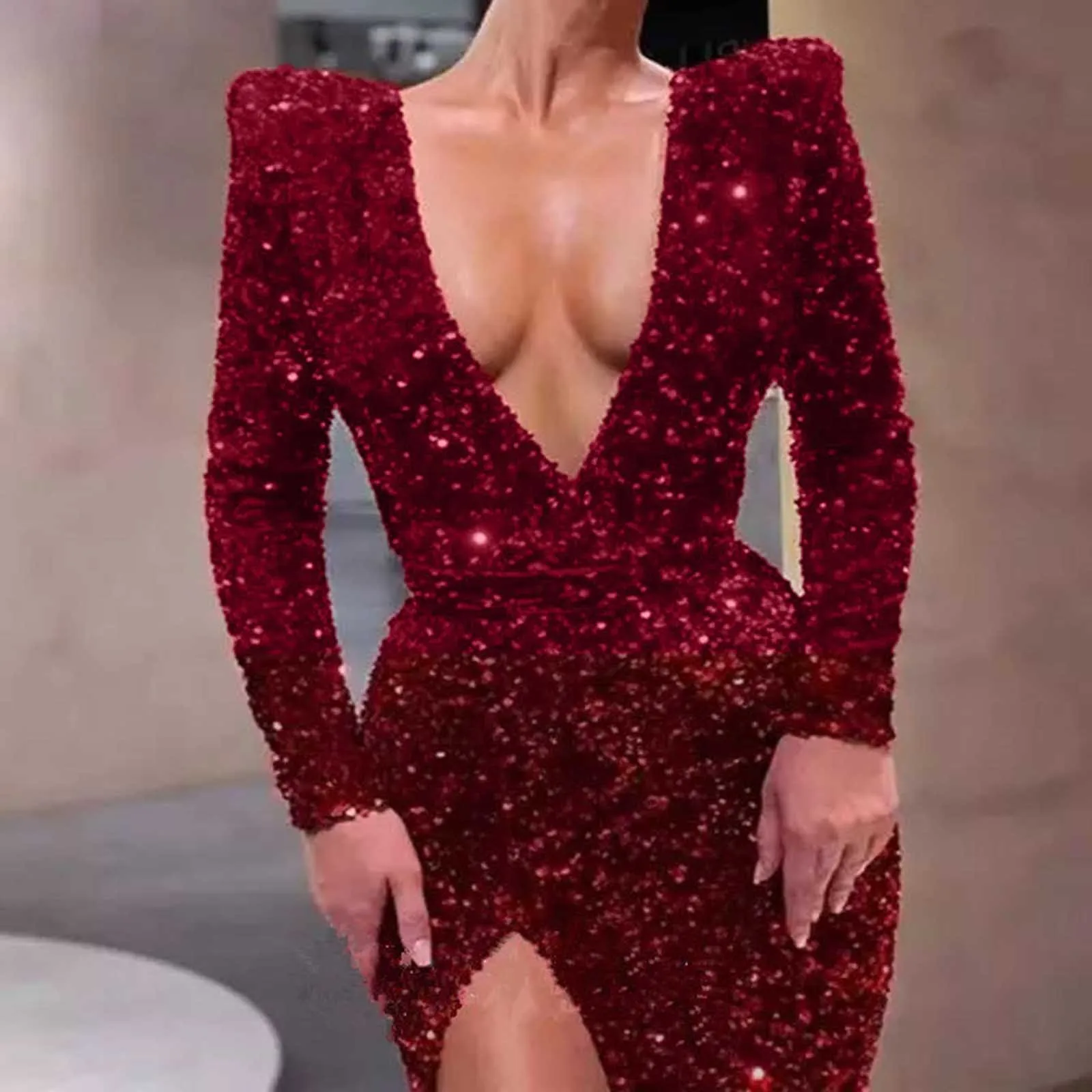 Women\'s Formal Dresses Vintage Long Sleeve Deep V Neck Side Slit Slim Glitter Sparkly Sequin Dress Elegant Solid Red Party Dress