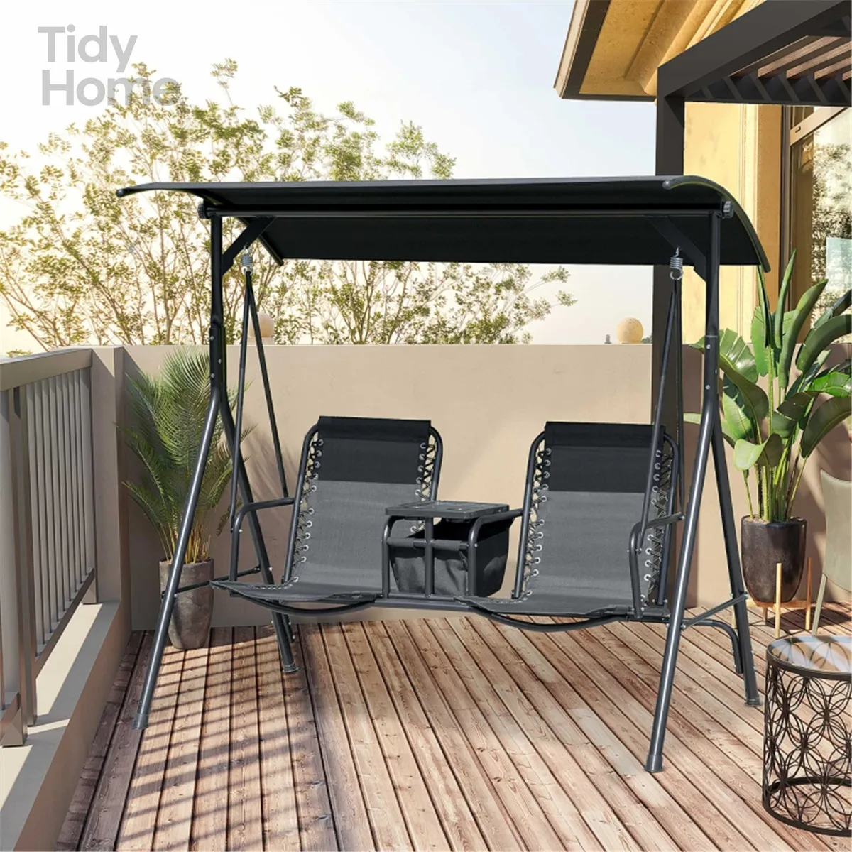 

2-Seat Patio Swing Chair, Outdoor Canopy Swing Glider with Pivot Storage Table, Cup Holder, Adjustable Shade, Bungie Sea, Black