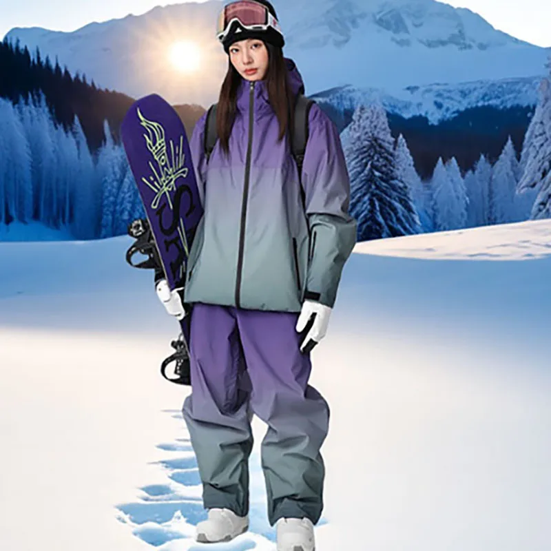 

Новинка 2025, женский лыжный костюм градиентного цвета, теплая одежда с одной двойной доской, износостойкая ветрозащитная свободная зимняя одежда