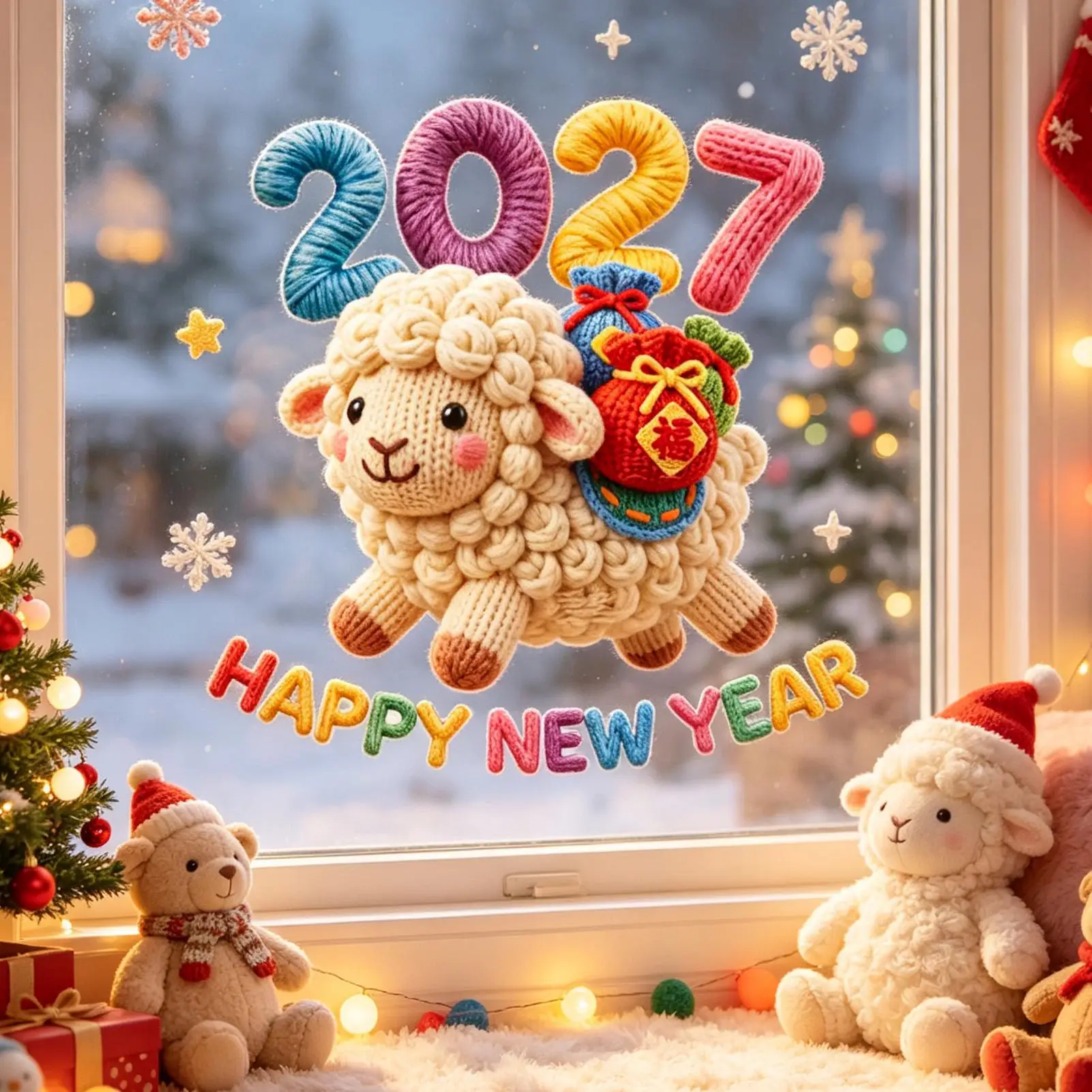 New Year Window Clings 2027 Visual Knit Sheep Holiday Glass Decor Window Stickers for Home Room Party Store Restaurant School