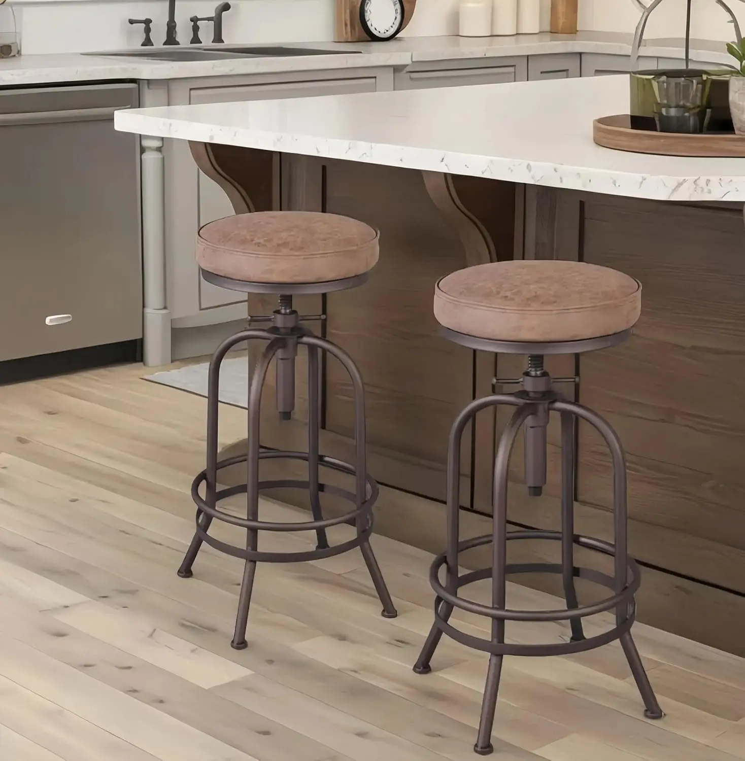 

Industrial Bar Stool-26-32 Inch Adjustable Swivel Metal PU Leather Seat Stool Bar Height Bar Stool with Footrest-for Kitchen,