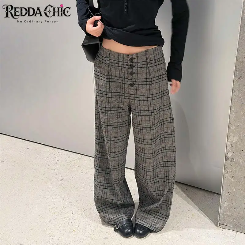 ReddaChic Retro Gray Plaid Tweed Pants Women Vintage High Waist Cleanfit Pleat Button Down Wide Leg Palazzo Pants Lounge Costume