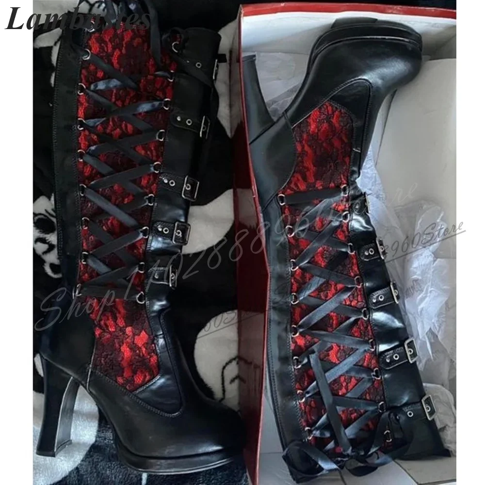 الربط الركبة عالية الأسود الصليب تعادل فارس الأحذية مكتنزة أحذية عالية الكعب للنساء عودة سستة أشار تو الأحذية نمط الغربي