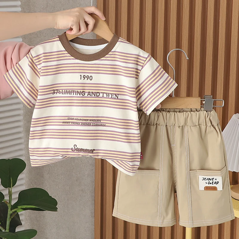 

2Piece Summer Baby Boy Clothes Korean Casual Fashion Stripe Letter Cotton Short Sleeve Tops+Shorts Boutique Kids Clothing BC2268