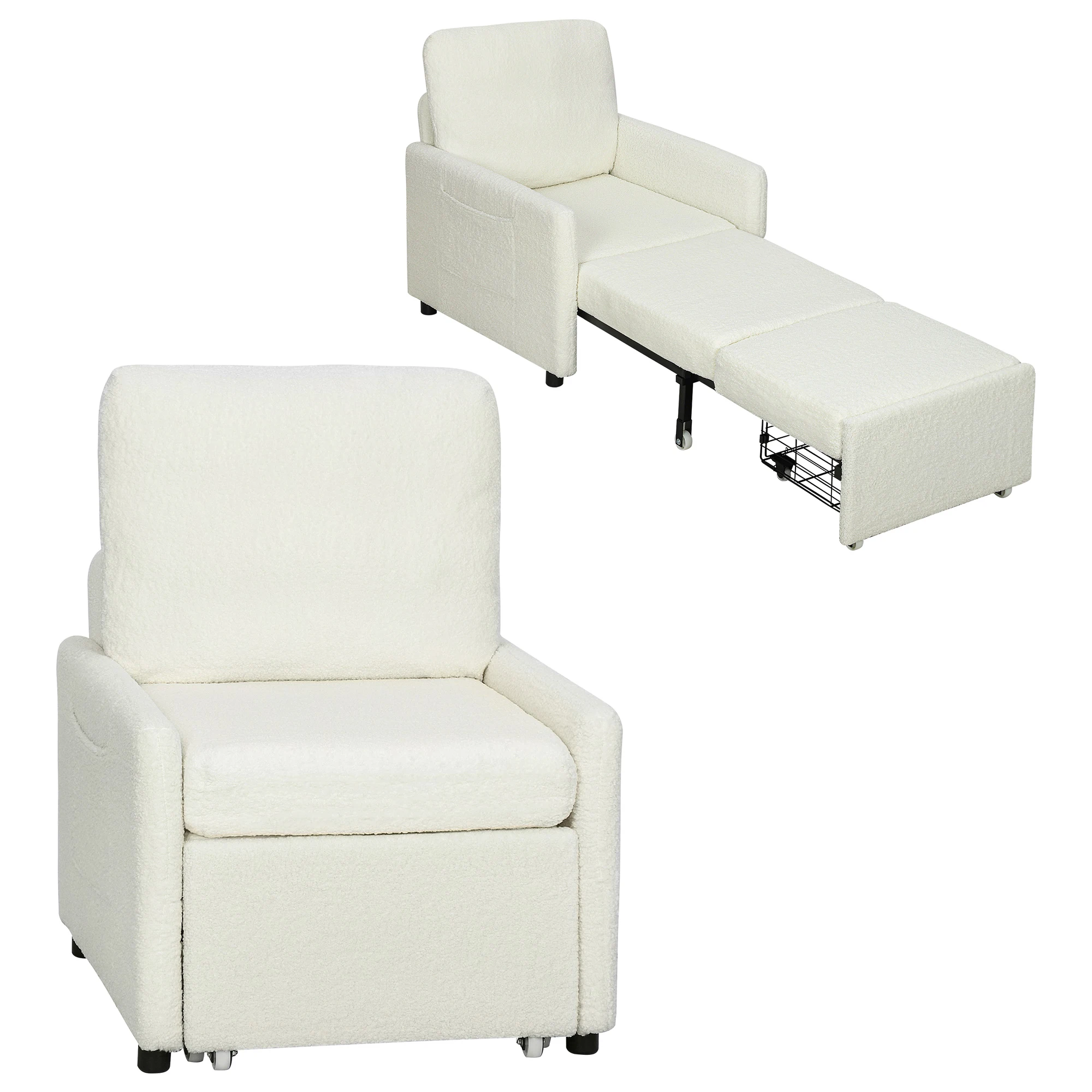 Poltrona letto HOMCOM 1 posto, in Teddy-Polar con contenitore nascosto, seduta ampia e imbottita, tasche laterali