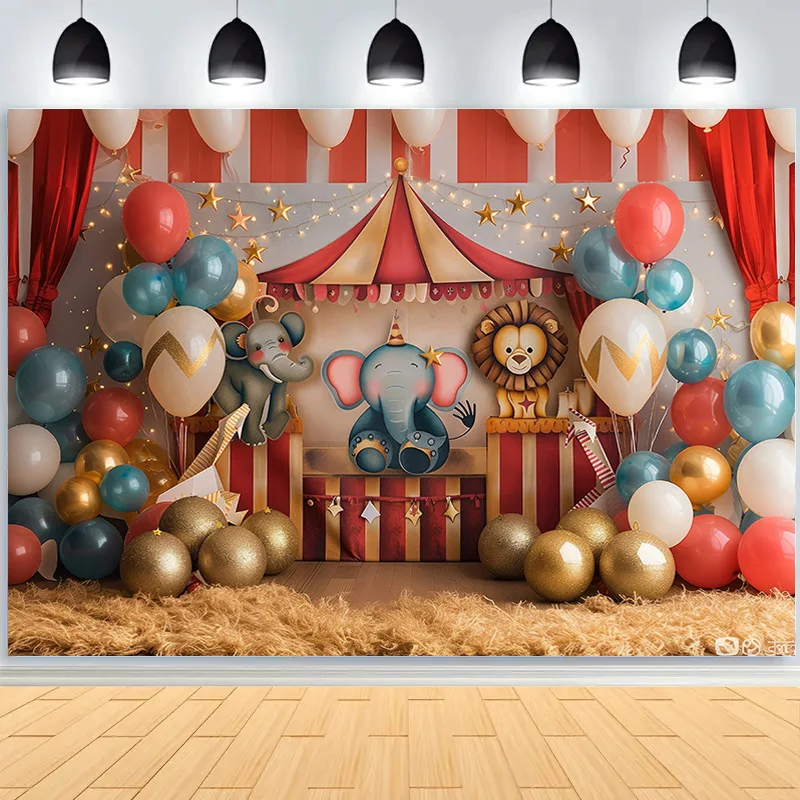 Circus Tent With Striped Canopy Photography Backdrops Balloons Birthday Party Decor Animal Clown Photo Studio Background SD-01